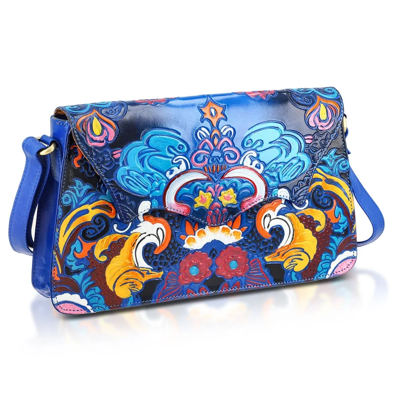 SUKRITI handbemalte Echtleder Tasche mit Prägung 32 x 6 x 19 cm, Schwarz