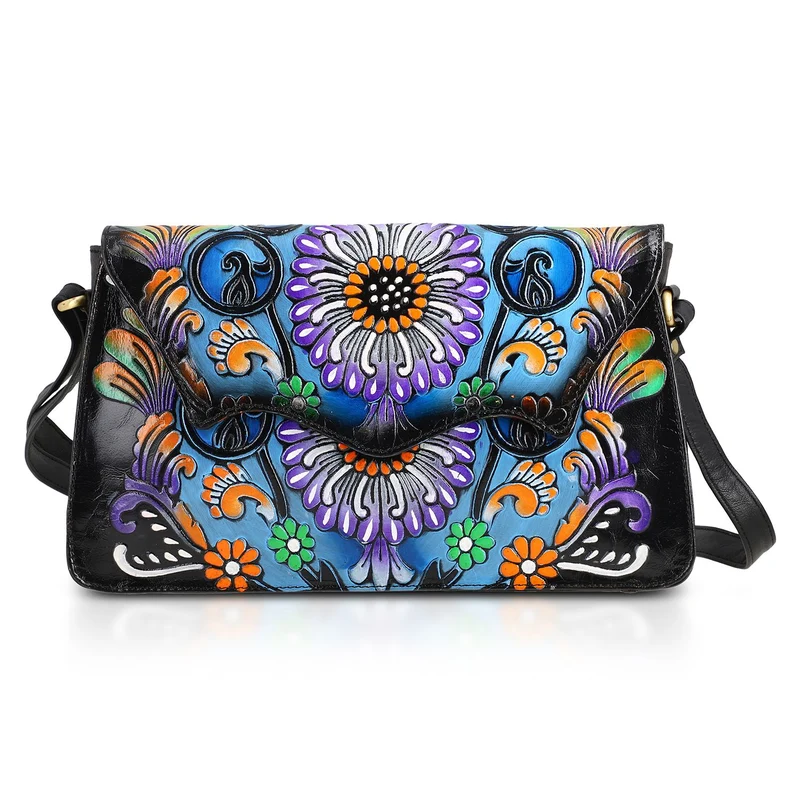 SUKRITI handbemalte Echtleder Tasche mit Prägung 32 x 6 x 19 cm, Schwarz