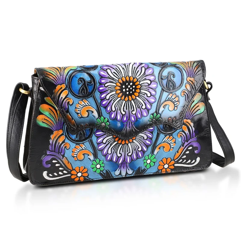SUKRITI handbemalte Echtleder Tasche mit Prägung 32 x 6 x 19 cm, Schwarz