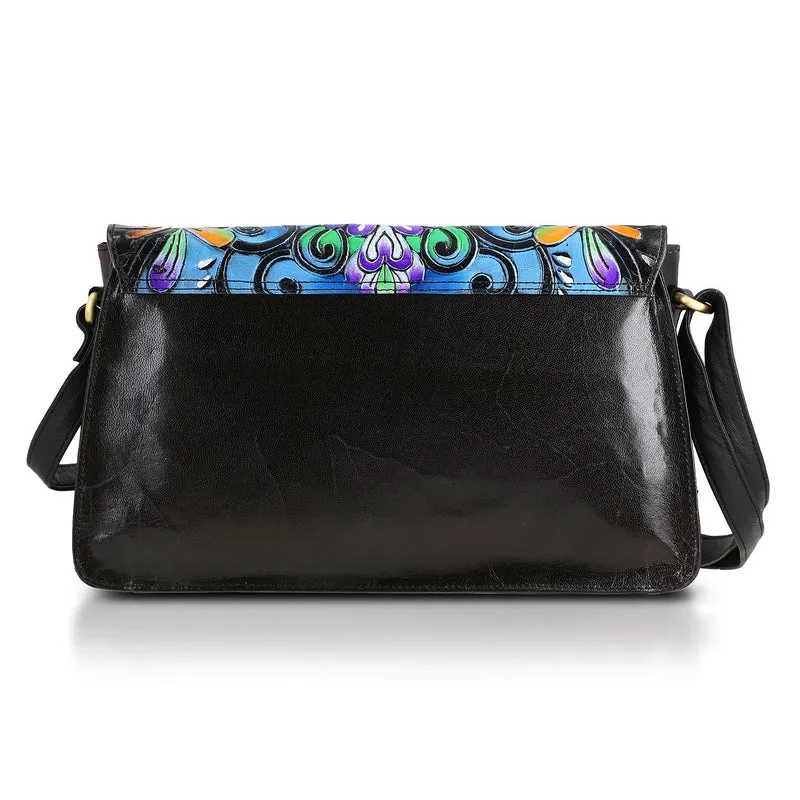 SUKRITI handbemalte Echtleder Tasche mit Prägung 32 x 6 x 19 cm, Schwarz