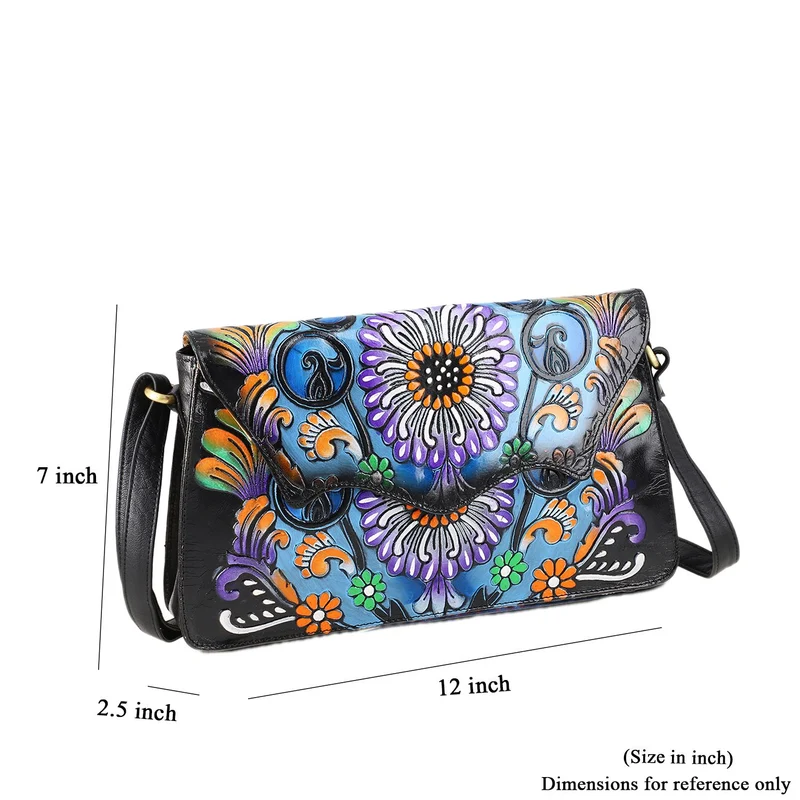 SUKRITI handbemalte Echtleder Tasche mit Prägung 32 x 6 x 19 cm, Schwarz