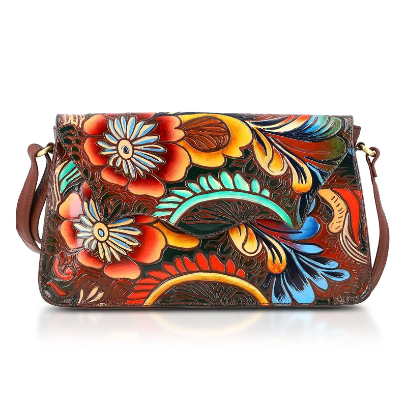SUKRITI handbemalte Echtleder Tasche mit Prägung 32 x 6 x 19 cm, Schwarz