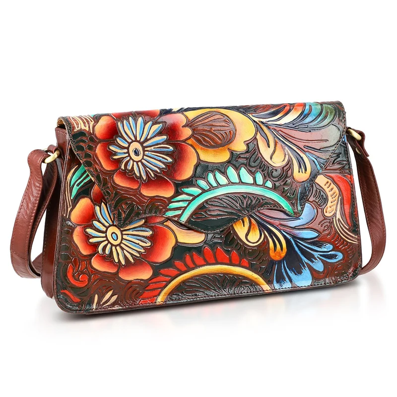 SUKRITI handbemalte Echtleder Tasche mit Prägung 32 x 6 x 19 cm, Schwarz