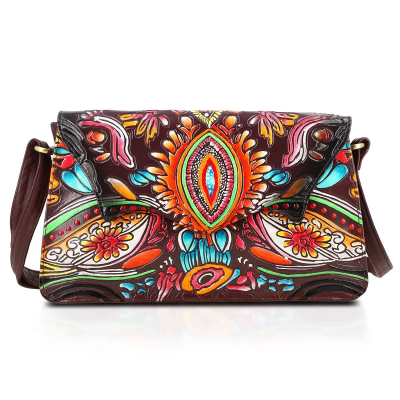 SUKRITI handbemalte Echtleder Tasche mit Prägung 32 x 6 x 19 cm, Schwarz
