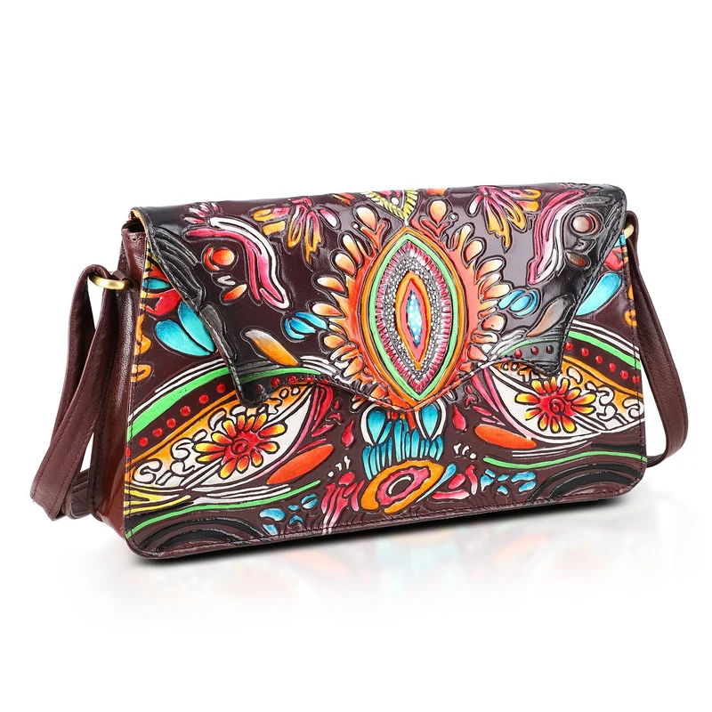 SUKRITI handbemalte Echtleder Tasche mit Prägung 32 x 6 x 19 cm, Schwarz