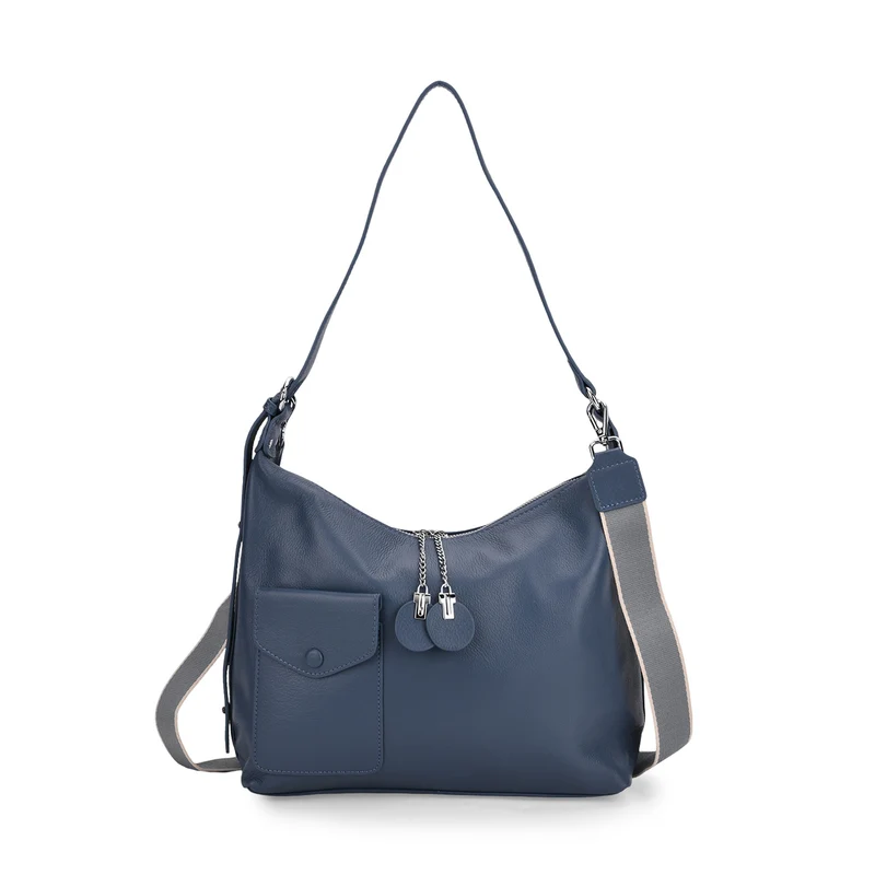 Echtleder-Umhängetasche mit Frontklappe und Rückfach, wahlweise kurzer Leder- oder langer Nylonriemen, 29.5x12x26 cm, Blau