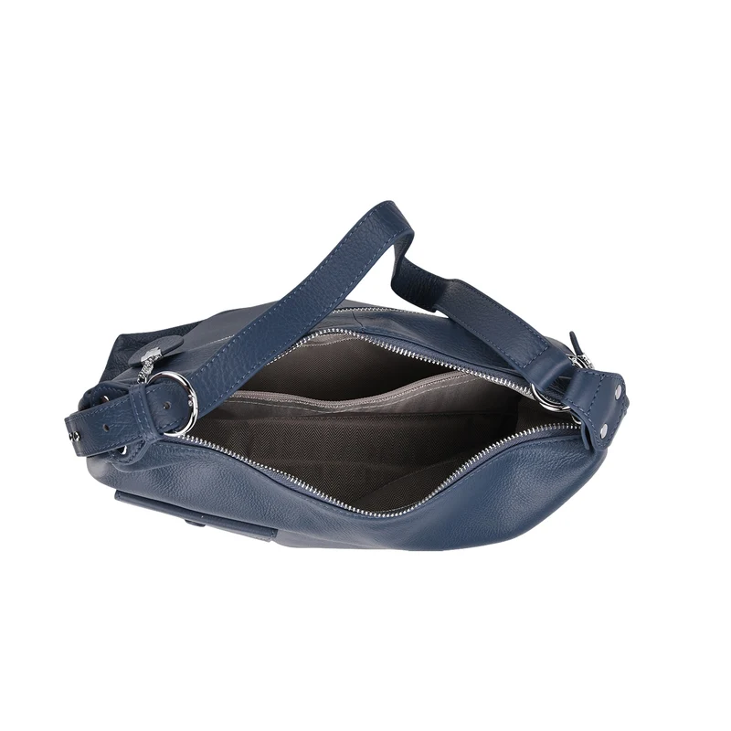 Echtleder-Umhängetasche mit Frontklappe und Rückfach, wahlweise kurzer Leder- oder langer Nylonriemen, 29.5x12x26 cm, Blau