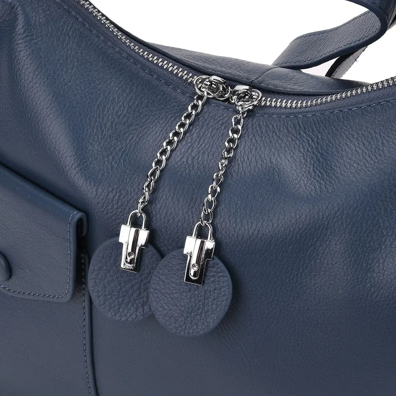 Echtleder-Umhängetasche mit Frontklappe und Rückfach, wahlweise kurzer Leder- oder langer Nylonriemen, 29.5x12x26 cm, Blau