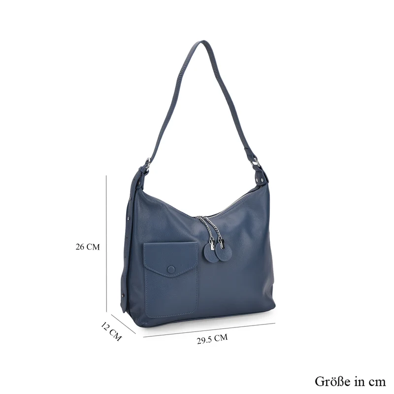 Echtleder-Umhängetasche mit Frontklappe und Rückfach, wahlweise kurzer Leder- oder langer Nylonriemen, 29.5x12x26 cm, Blau
