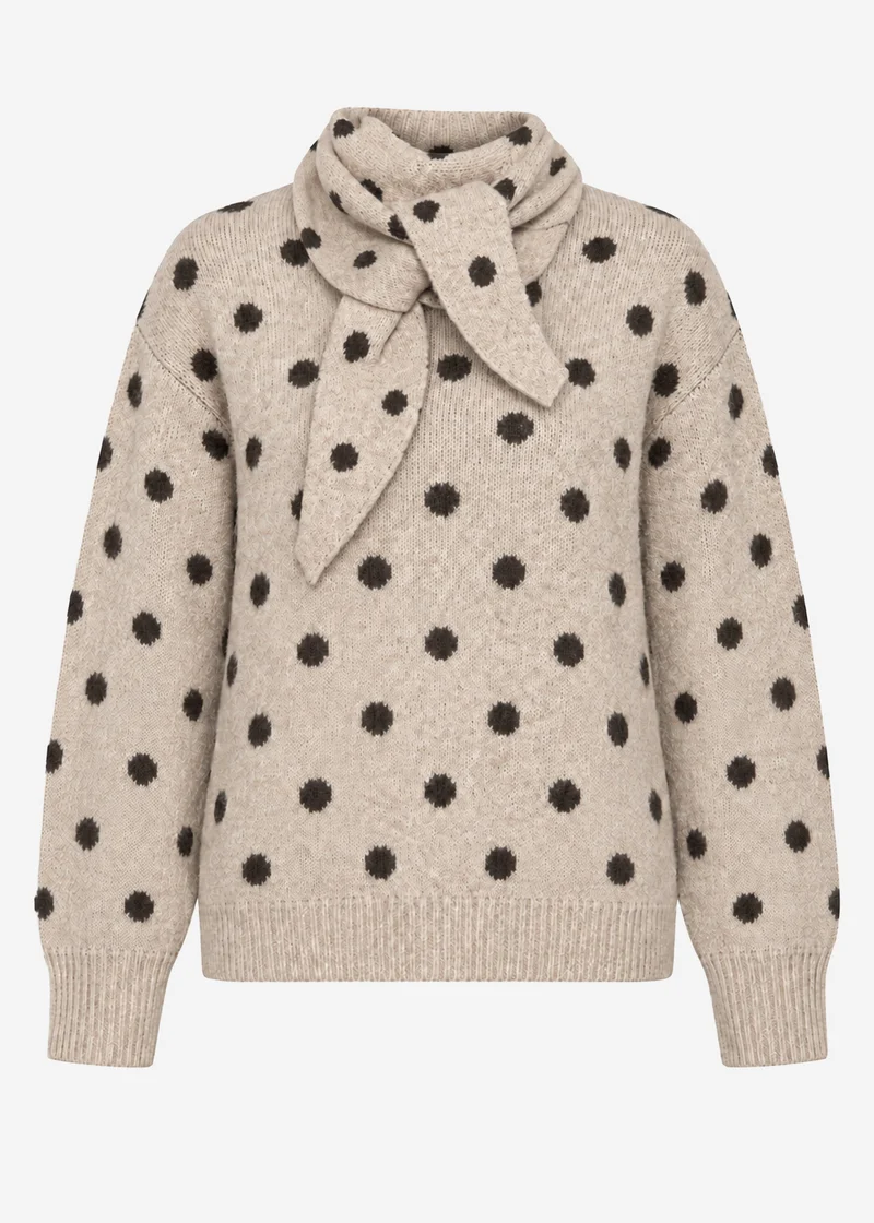 Gepunkteter Pullover mit Schal - beige