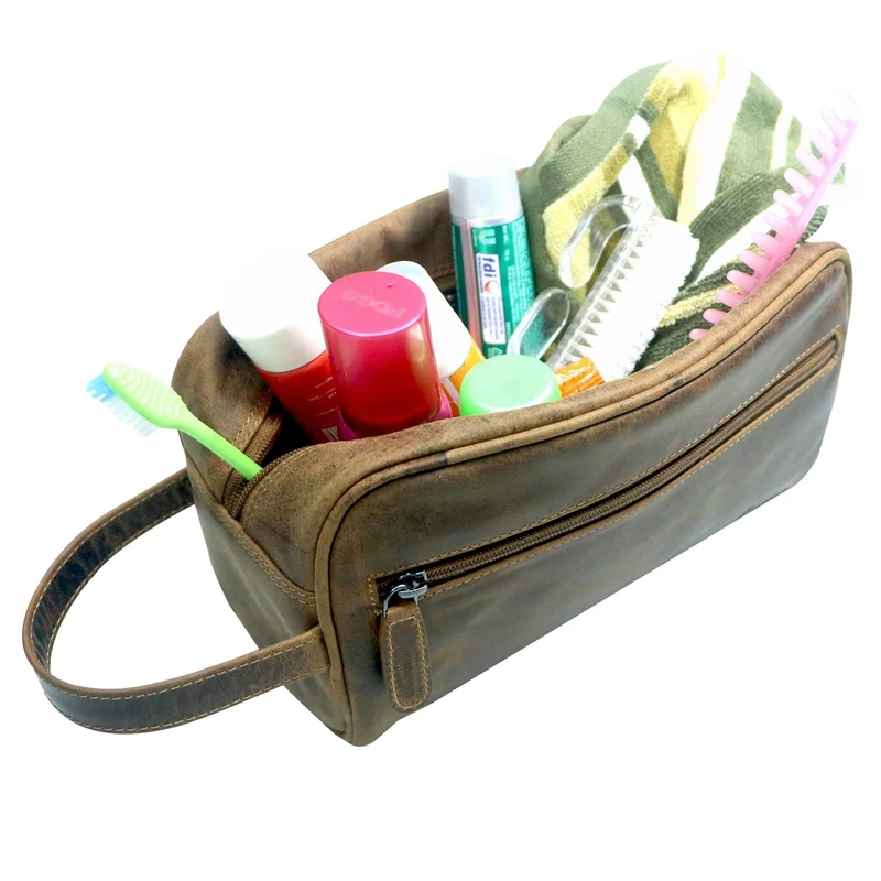 Amari Leder Kulturbeutel Herren Kulturtasche Damen mit Fächern