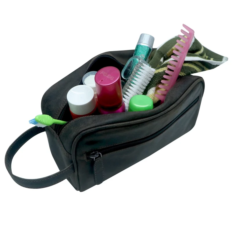 Amari Leder Kulturbeutel Herren Kulturtasche Damen mit Fächern