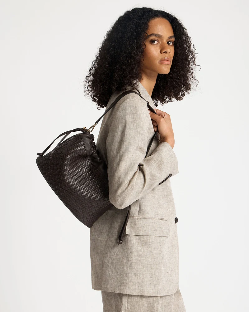 Charlotte Midi Drawstring - Chocolate Woven Leather