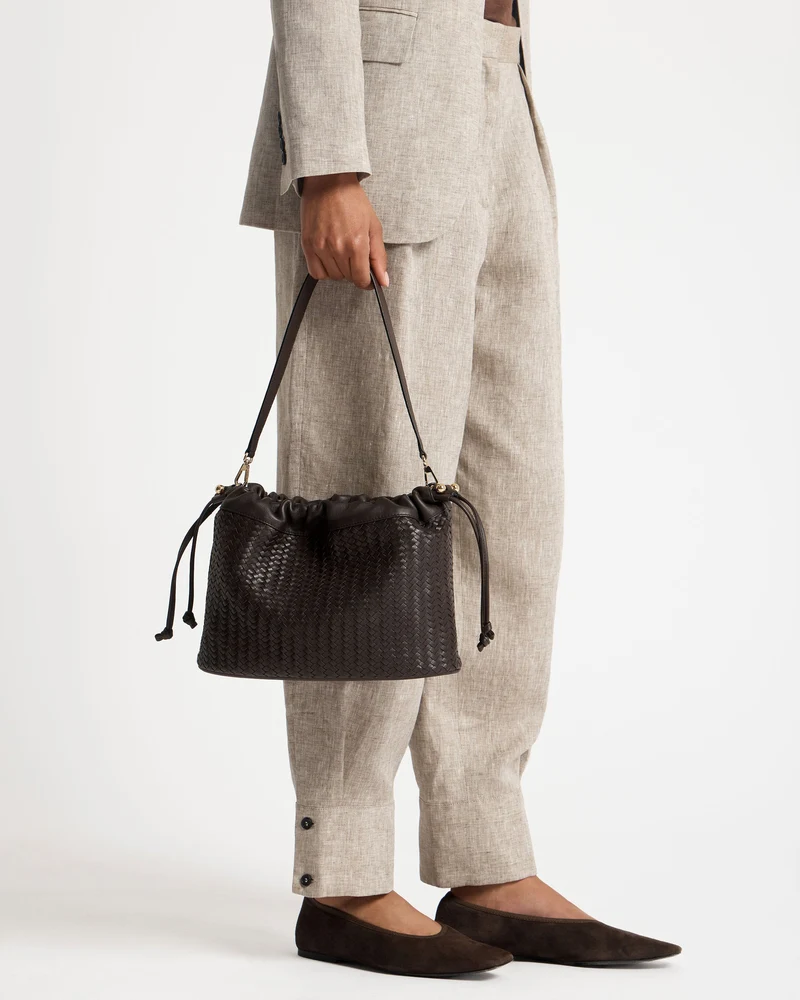 Charlotte Midi Drawstring - Chocolate Woven Leather