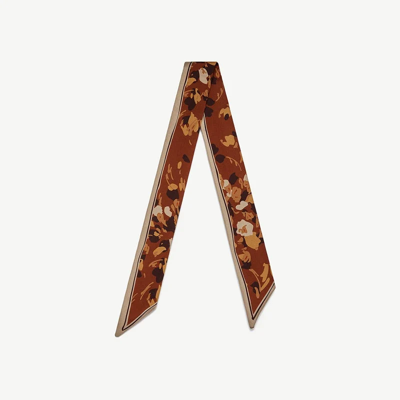 Silk Skinny Scarf - Sand/Oxblood Pop Flowers