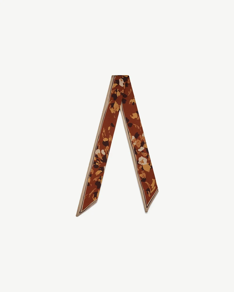 Silk Skinny Scarf - Sand/Oxblood Pop Flowers