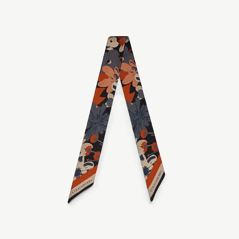 Silk Skinny Scarf - Navy/Red Block Floral