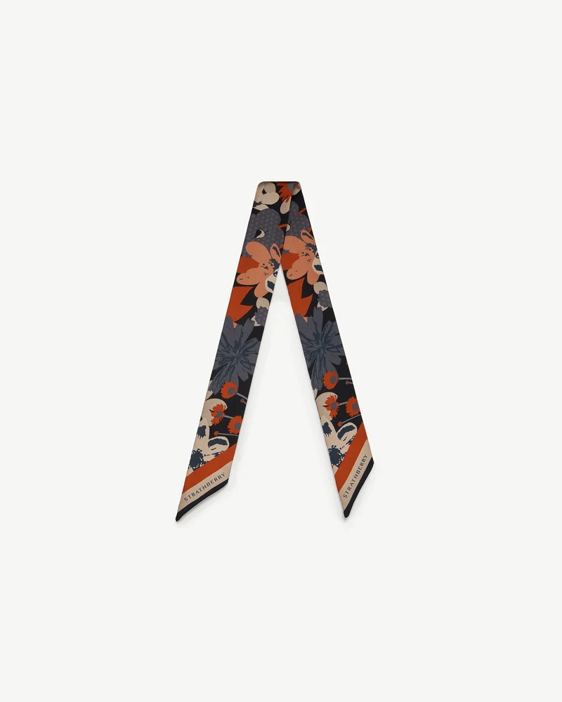 Silk Skinny Scarf - Navy/Red Block Floral