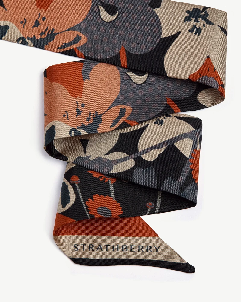 Silk Skinny Scarf - Navy/Red Block Floral