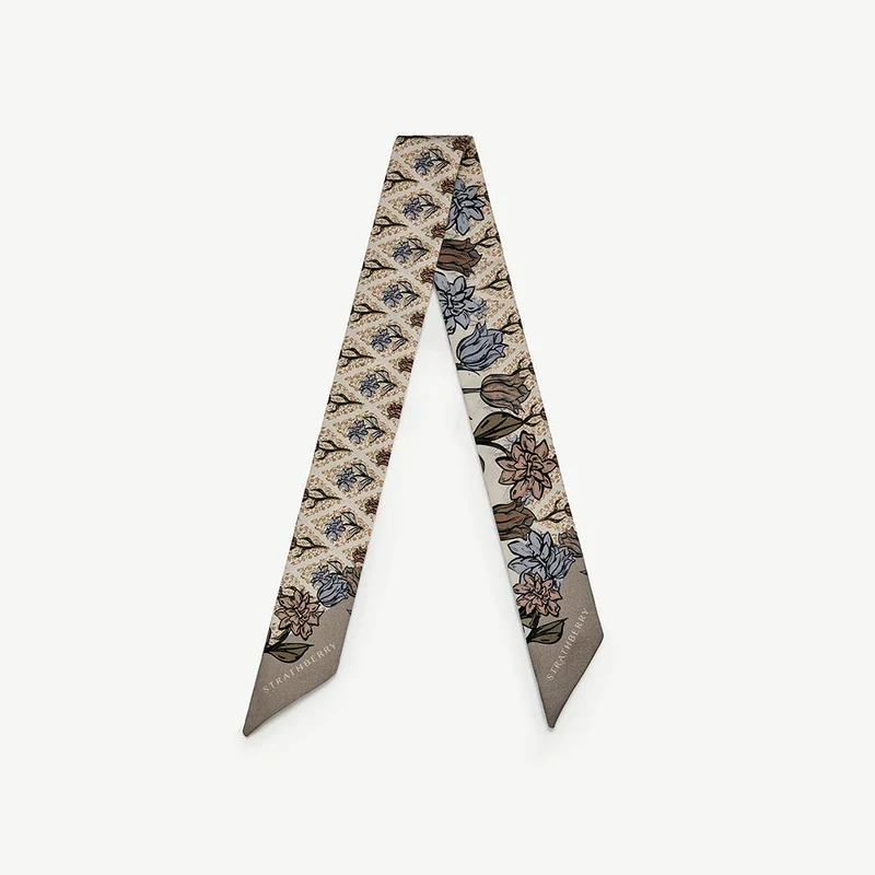 Silk Skinny Scarf - Light Taupe Wallpaper Flowers