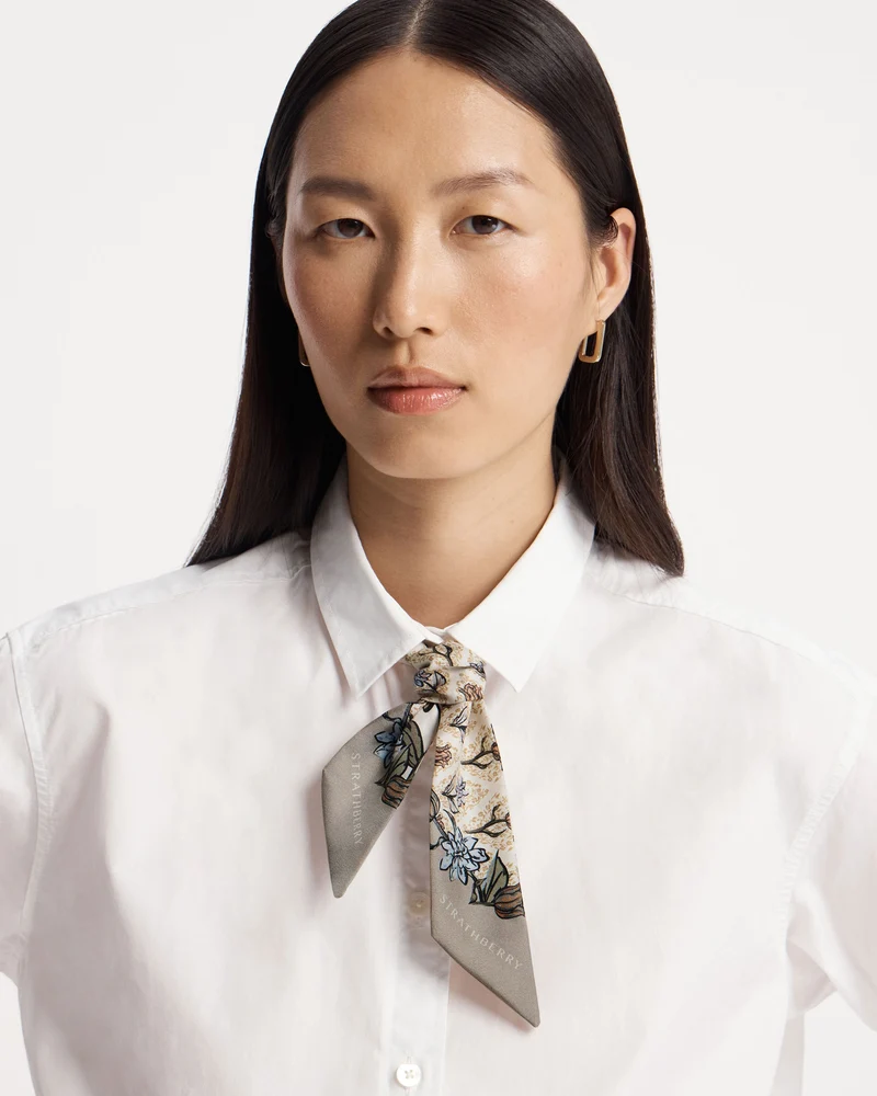 Silk Skinny Scarf - Light Taupe Wallpaper Flowers