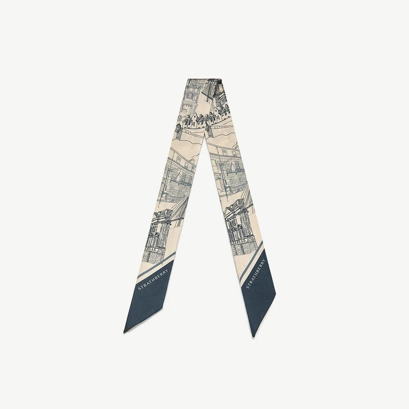 Silk Skinny Scarf - Loch Blue/Vanilla Edinburgh Architecture