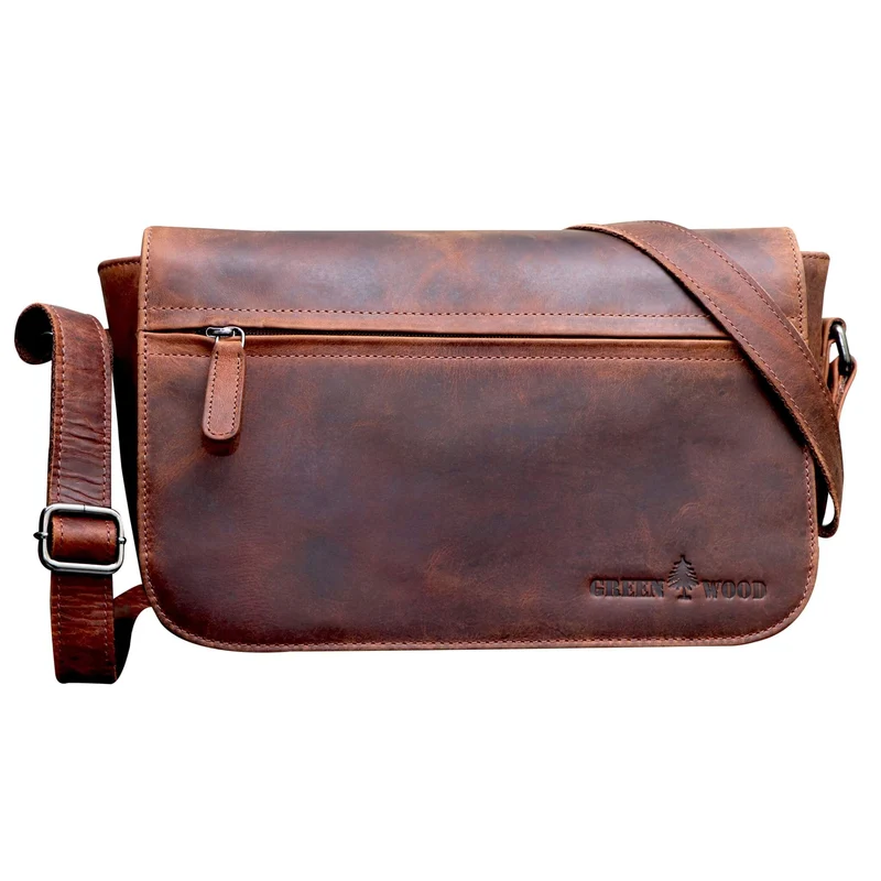 Ema Ledertasche Damen Umhängetasche mit Vielen Fächern Vintage-Look