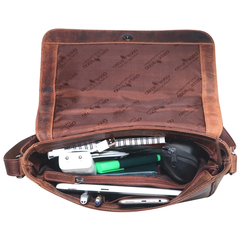 Ema Ledertasche Damen Umhängetasche mit Vielen Fächern Vintage-Look