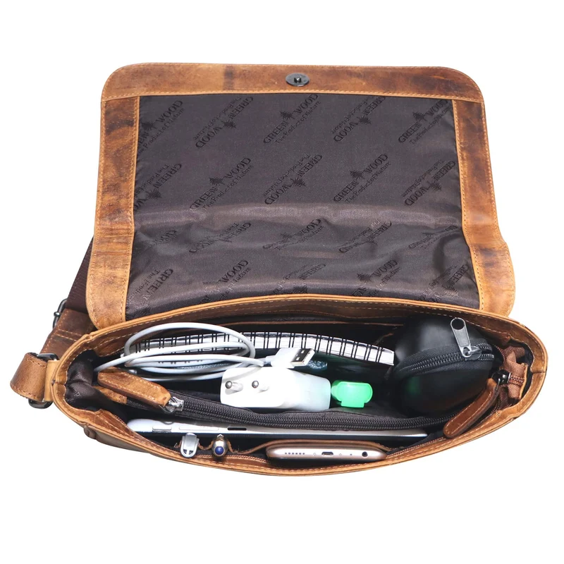 Ema Ledertasche Damen Umhängetasche mit Vielen Fächern Vintage-Look