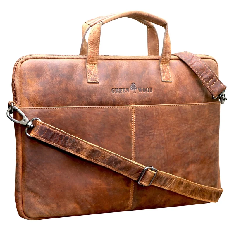 Fred Laptoptasche 14 Zoll Leder mit abnehmbarem Schultergurt Laptophülle