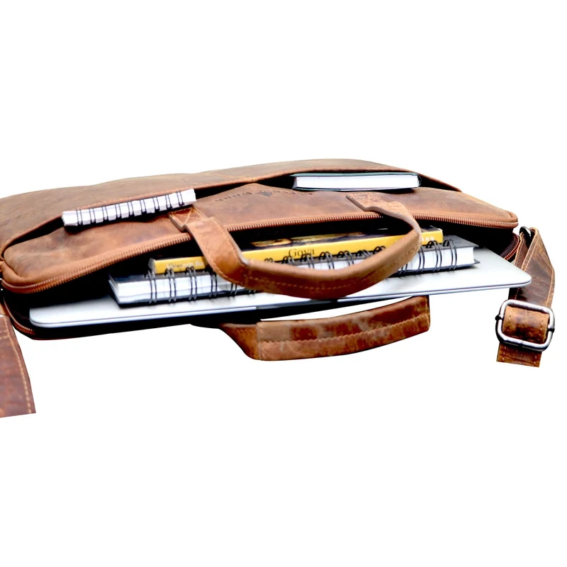 Fred Laptoptasche 14 Zoll Leder mit abnehmbarem Schultergurt Laptophülle