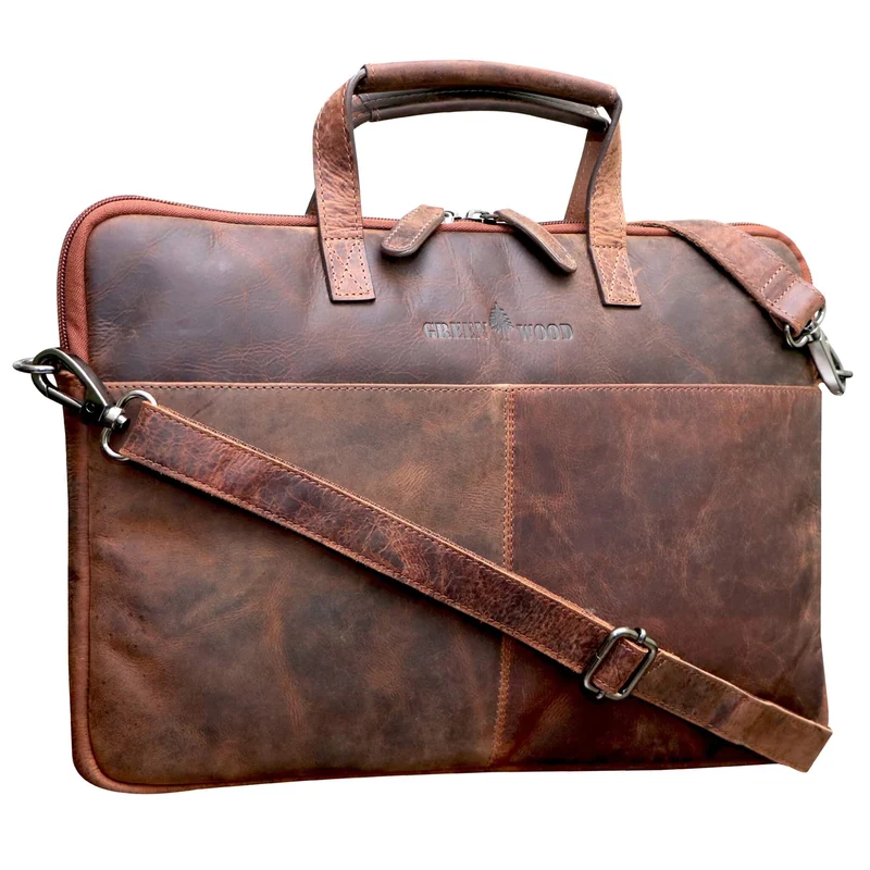 Fred Laptoptasche 14 Zoll Leder mit abnehmbarem Schultergurt Laptophülle