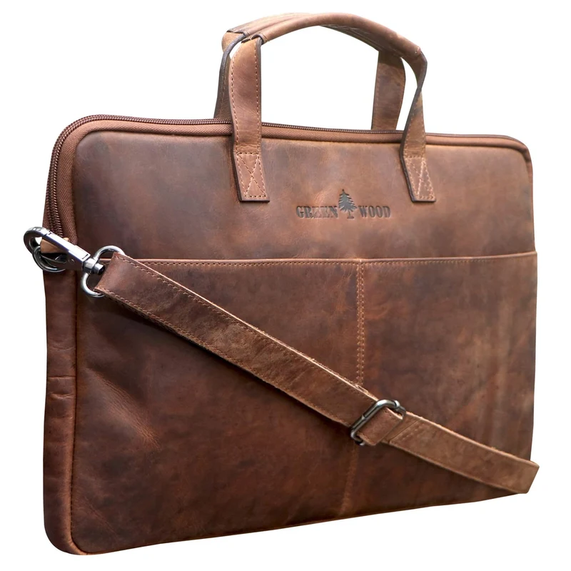 Fred Laptoptasche 14 Zoll Leder mit abnehmbarem Schultergurt Laptophülle