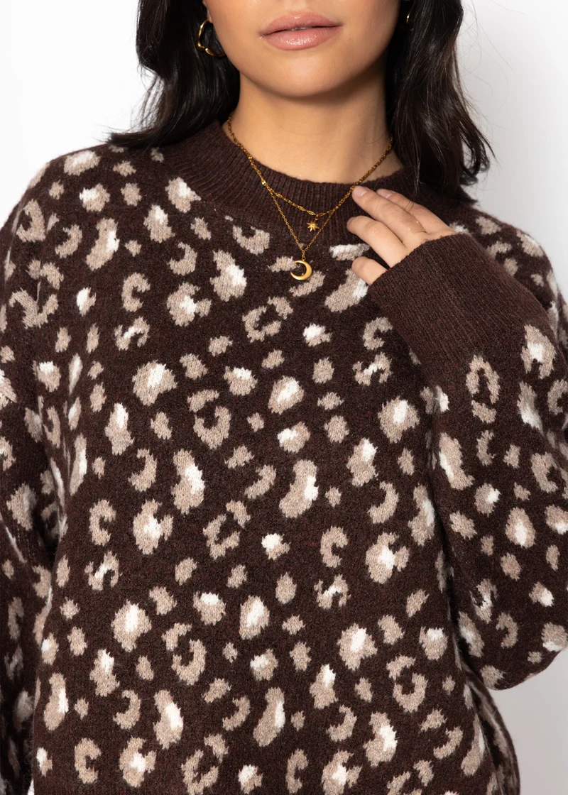 Pullover mit breiter Rippe und Leo-Muster - braun