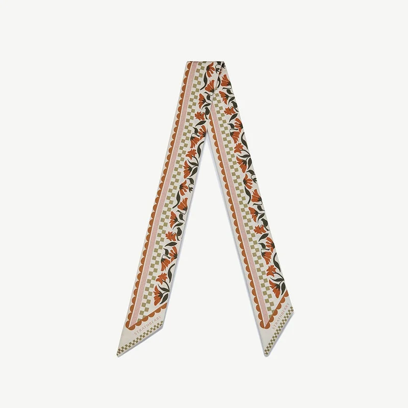 Silk Skinny Scarf - Vanilla/Red Gingham Stripe