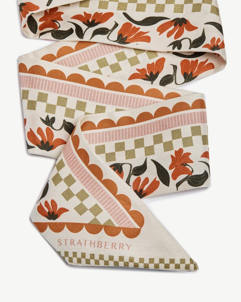 Silk Skinny Scarf - Vanilla/Red Gingham Stripe