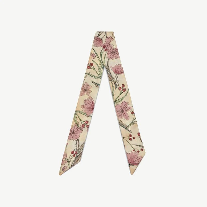 Silk Skinny Scarf - Butter Yellow Berry Flower