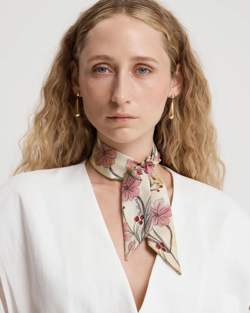 Silk Skinny Scarf - Butter Yellow Berry Flower