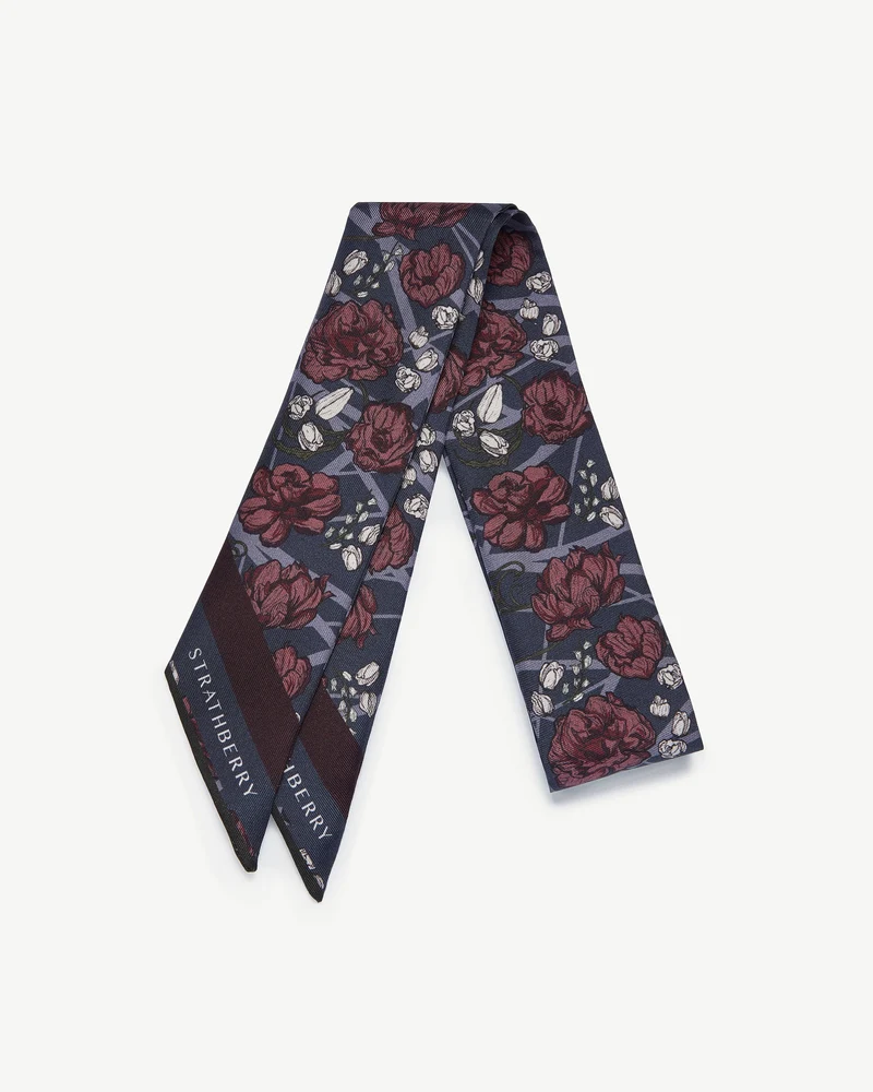 Silk Skinny Scarf - ECA Charlotte Floral Burgundy/Navy