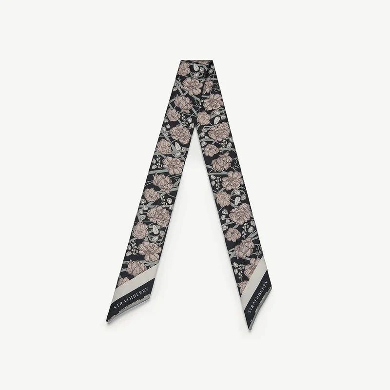 Silk Skinny Scarf - ECA Charlotte Floral Black/Oat