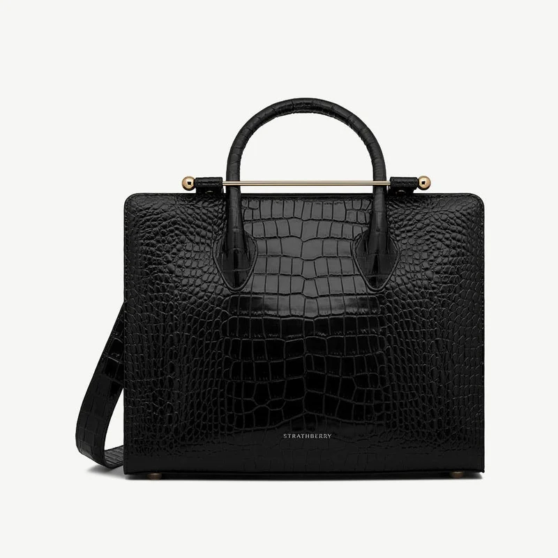 Midi Tote - Croc-Embossed Leather Black