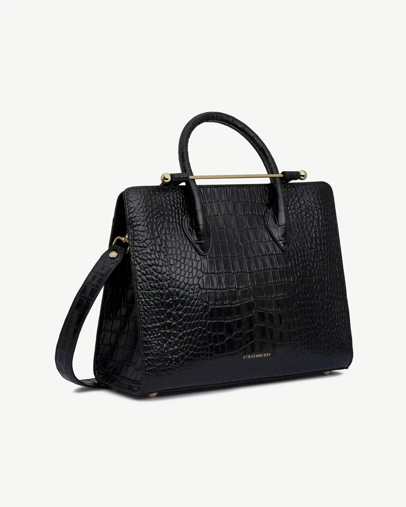 Midi Tote - Croc-Embossed Leather Black
