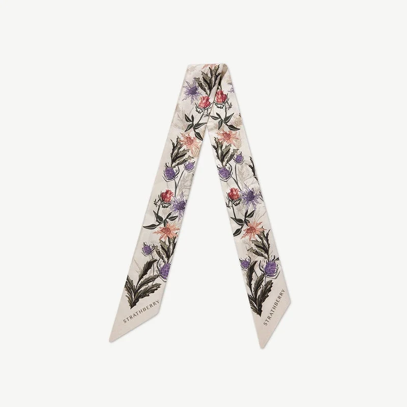 Silk Skinny Scarf - Vanilla/Forest Green Thistle Print