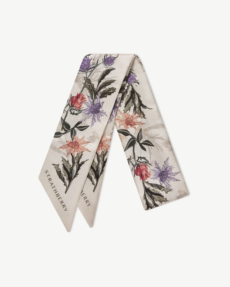 Silk Skinny Scarf - Vanilla/Forest Green Thistle Print