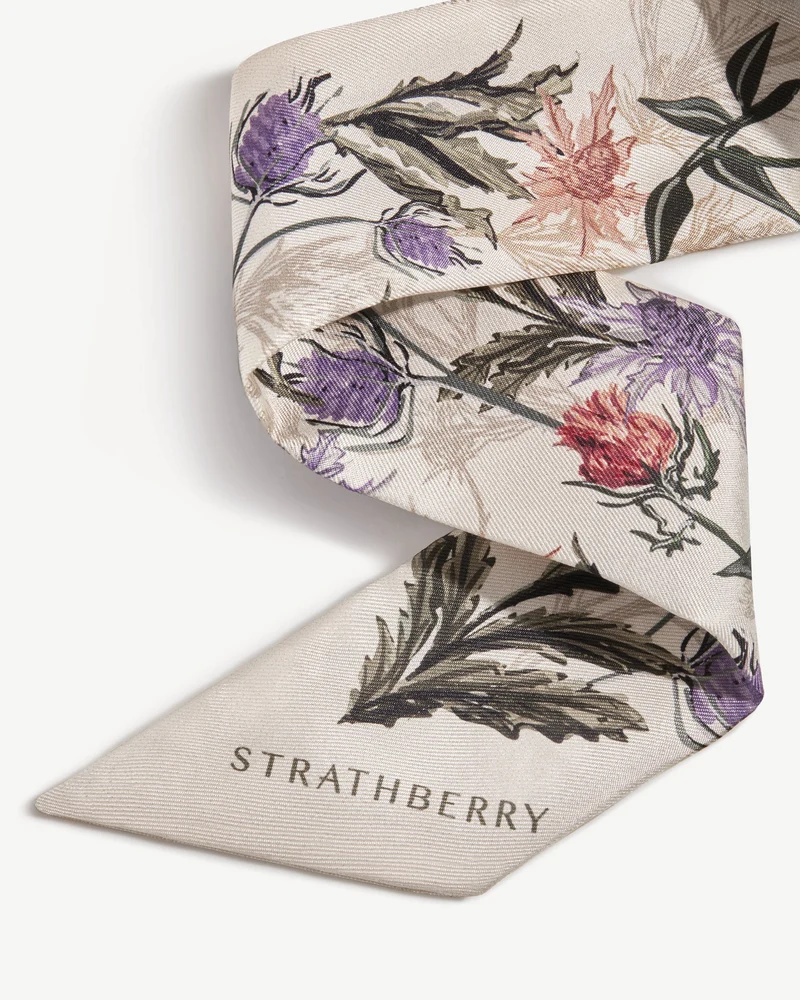 Silk Skinny Scarf - Vanilla/Forest Green Thistle Print