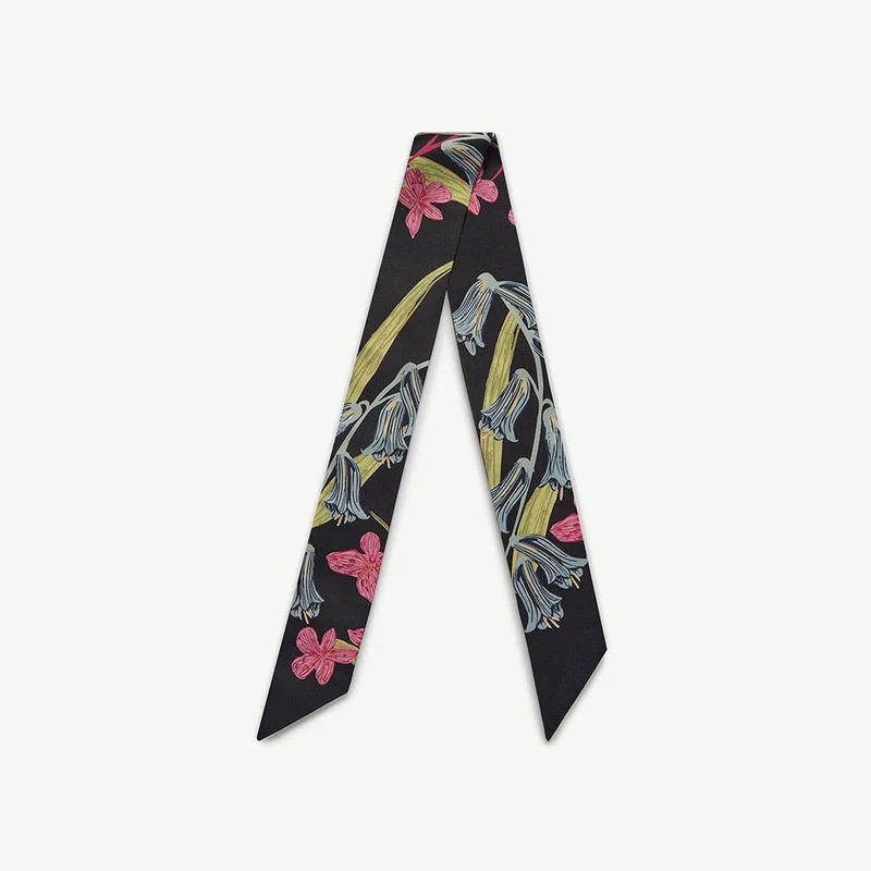 Silk Skinny Scarf - Black/Blue/Pink Bluebell Floral