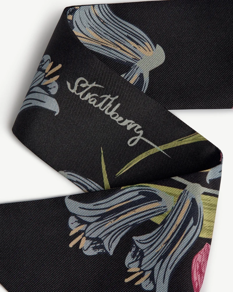 Silk Skinny Scarf - Black/Blue/Pink Bluebell Floral
