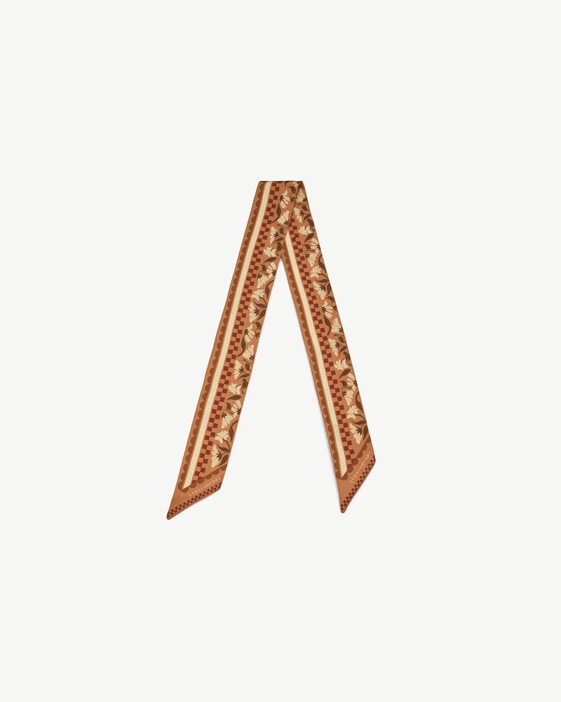 Silk Skinny Scarf - Tan Floral Gingham Stripe
