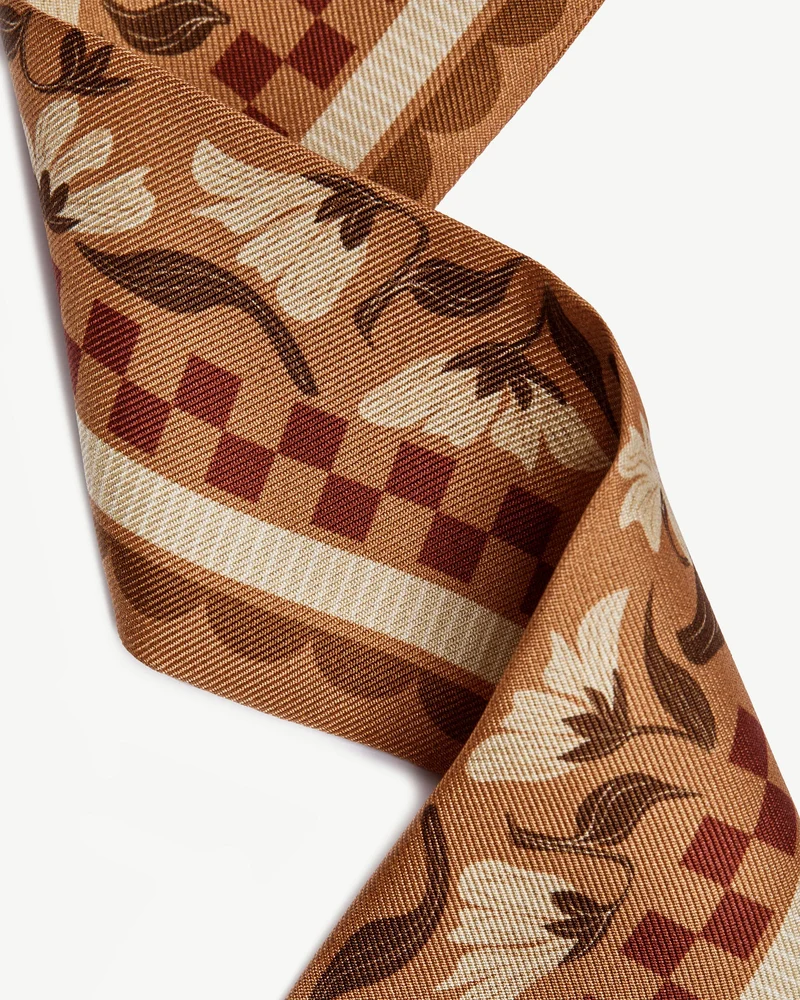 Silk Skinny Scarf - Tan Floral Gingham Stripe