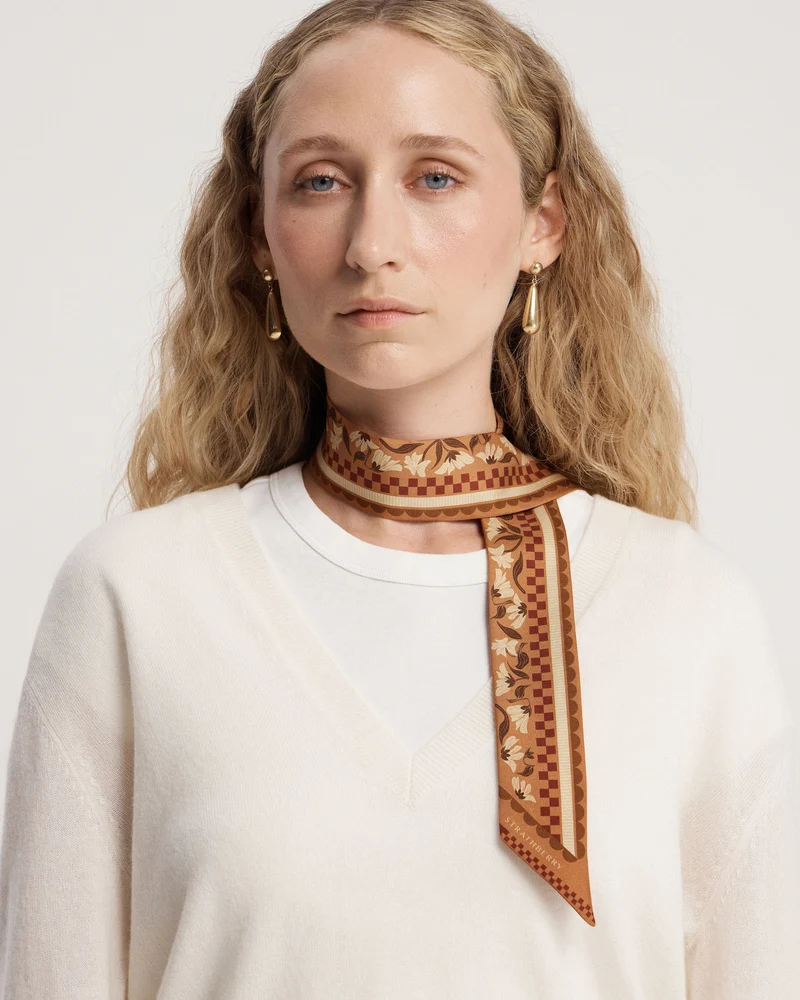 Silk Skinny Scarf - Tan Floral Gingham Stripe